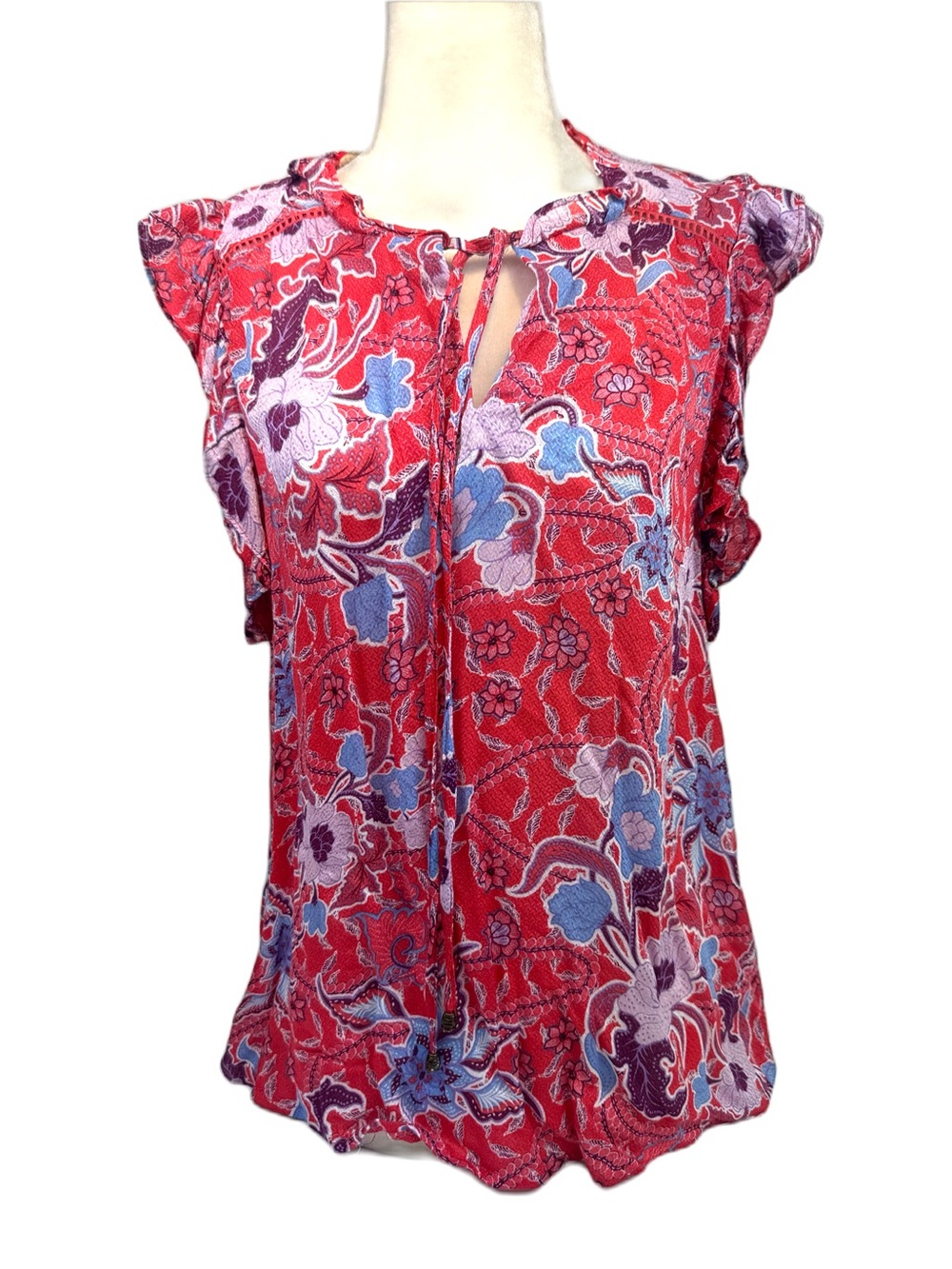 Knox Rose floral flutter sleeve sleeveless blouse w tie neck - red purple sz Med